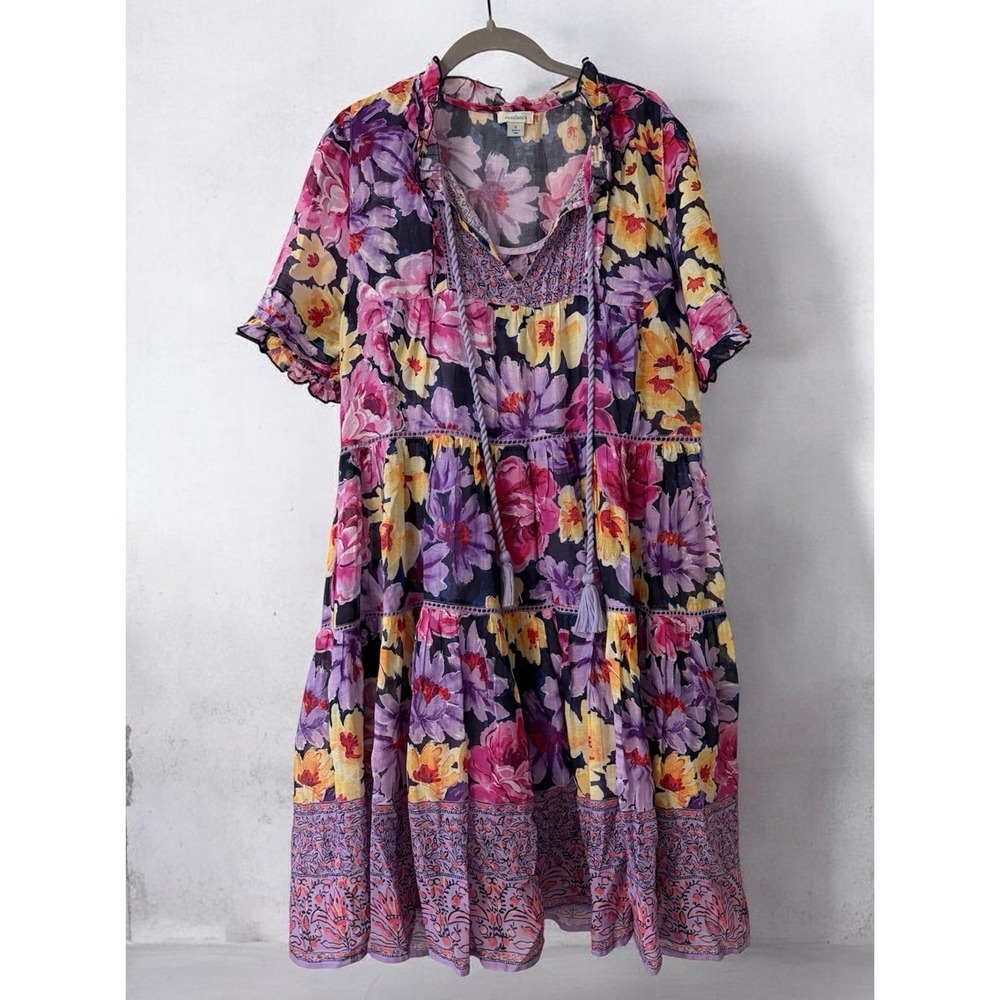 Sundance Floral Tiered Cotton Dress Romantic Boho Feminine Tassels Oversized S